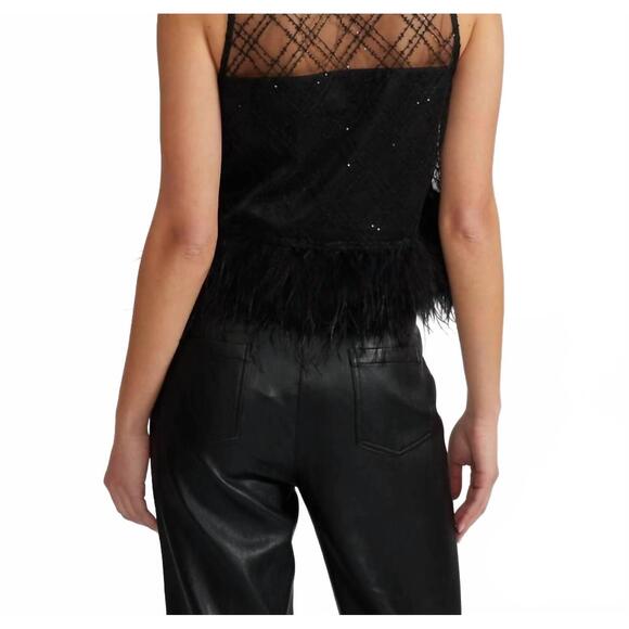 NEW LUCY PARIS miley woven feather trim scoop neck sleeveless blouse in black - Picture 3 of 4